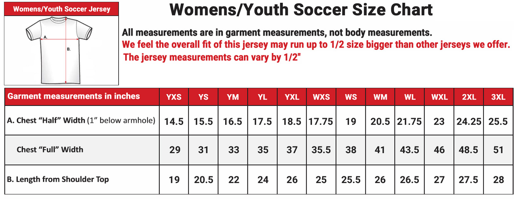 Youth Soccer Jersey Size Chart